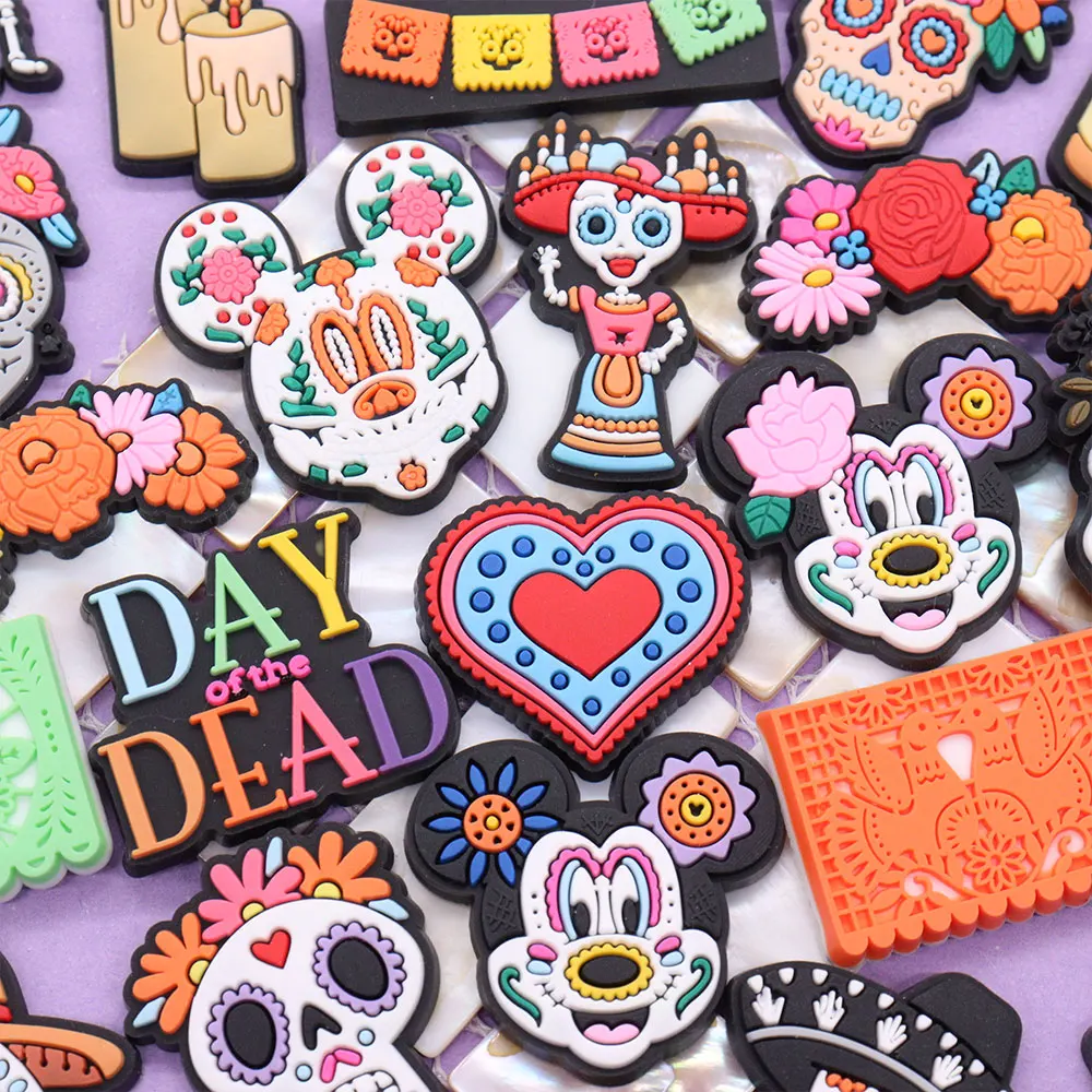 1-27pcs Day of the Dead Mickey Mexican Style Shoes Charms Candle Flowers Skull Adult Miniso Clog Decoration DIY Backpack