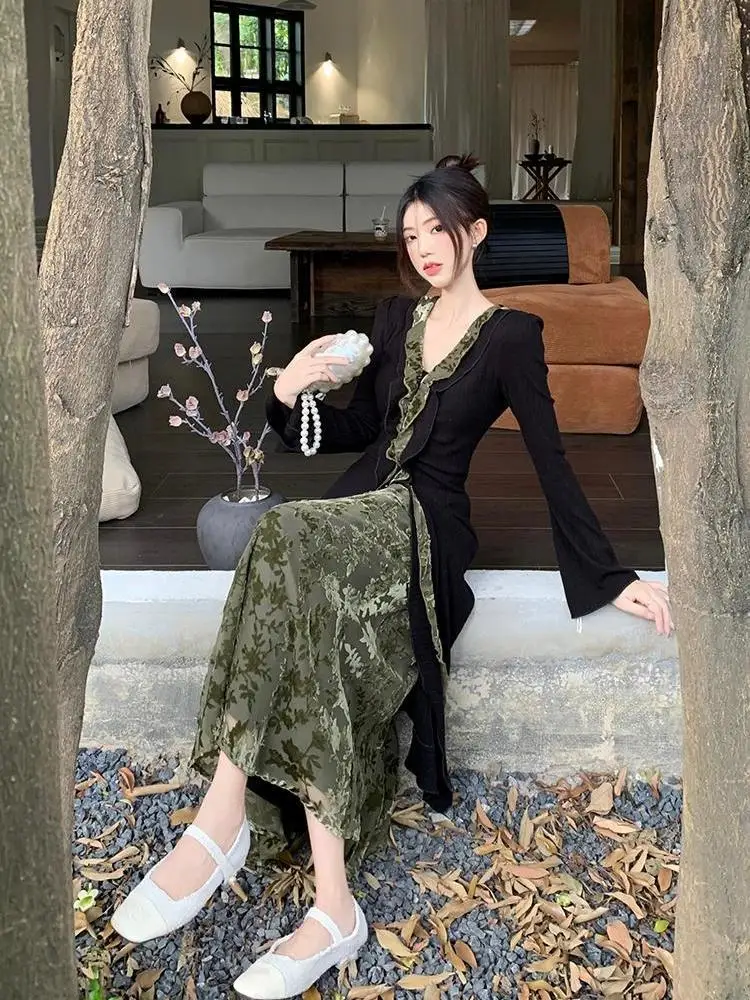 Nieuwe Chinese stijl v-hals vest met lange mouwen dames herfst elastische taille rok tweedelige set