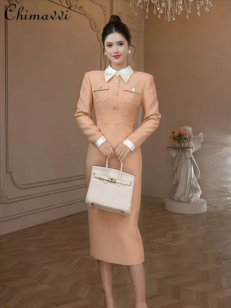 

French Style Elegant Commuter POLO Collar Long Sleeve Single-Breasted High Waist Bodycon Long Fishtail Dress Women Spring 2026