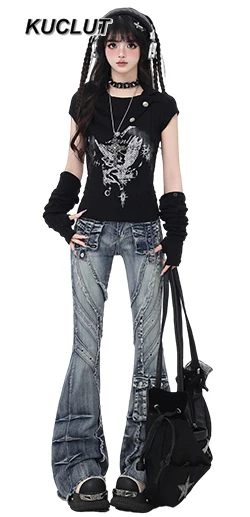 

Spring and Autumn Denim Jeans Fashion Low Waist Heavy Industry Women's Denim Trousers Slim and Skinny Denim Flared Pants