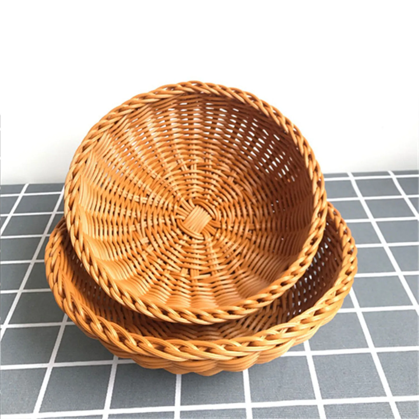 

Handmade Imitation Rattan Woven Basket Bread Serving Tray For Food Fruit Cosmetic Storage Tabletop Storage Kitchen Organizer