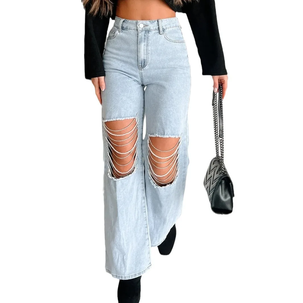 

Women Ankle Length Straight Denim Trousers Solid Jean Ripped Jeans Washed Pants Holes Loose High Waist Vintage 2026 Spring