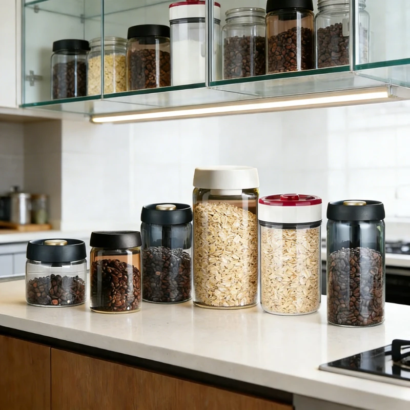 

Transparent Borosilicate Glass Vacuum Sealed Jar One-Click Press Airtight Coffee Bean Storage Container for Kitchen Grains Tea