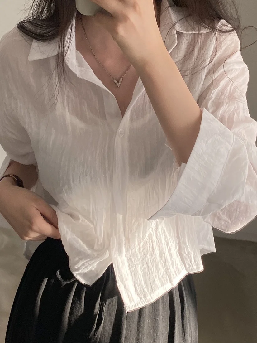 

Chic Vintage Spring Long Sve Loose Fit Pleated Collar Sun Protection irt Women's Faion Straight Cut Pure Color Button up