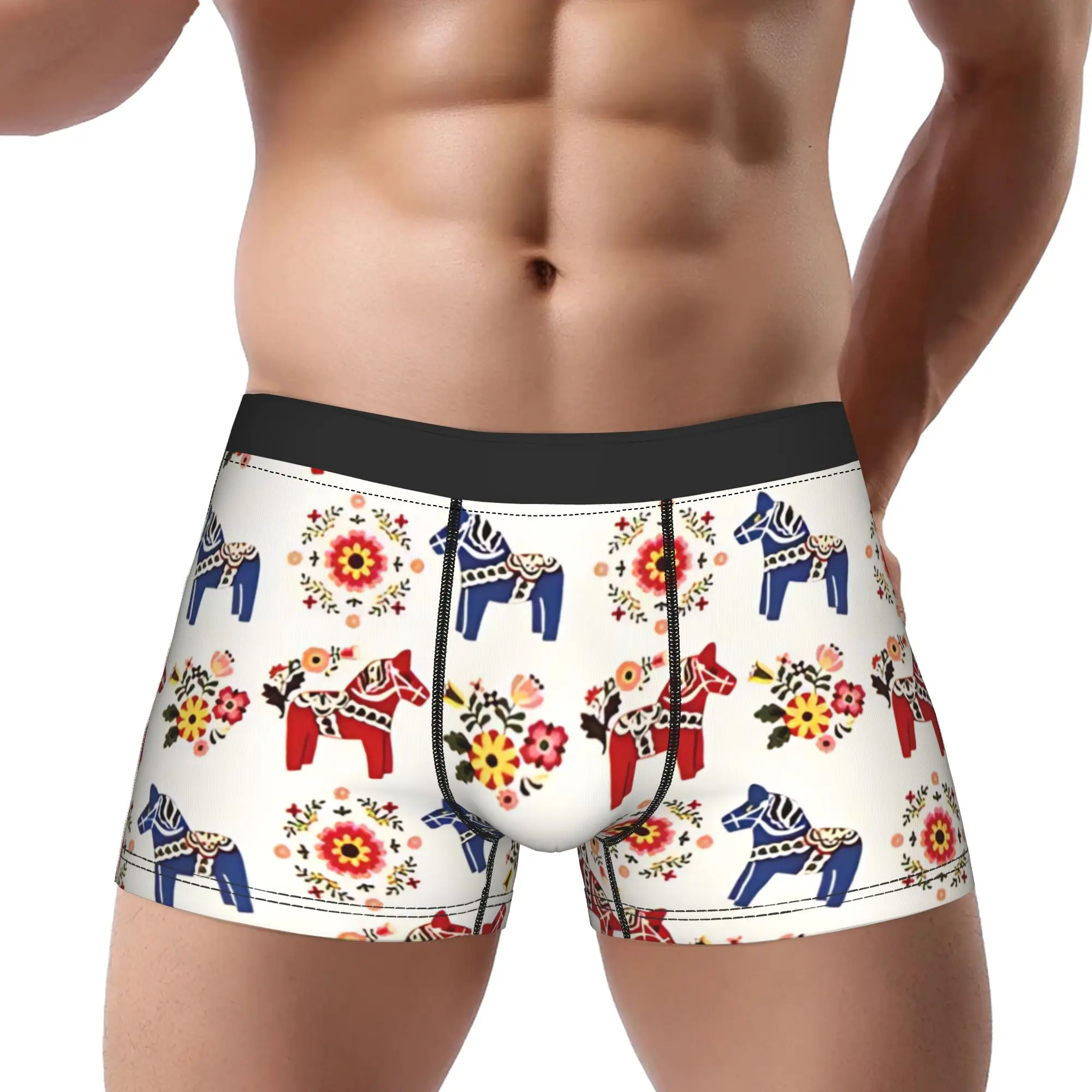 1piece Dala Horse Red & Blue Dala Horse Round Flower Underpants Homme Panties Man Underwear Ventilate Shorts