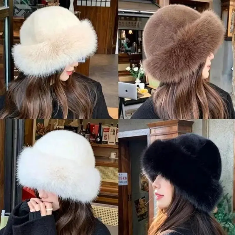 Women's Winter Furry Bucket Hat Thick Warm Fluffy Plush Fisherman Cap Stylish for Street Photography Daily Outings