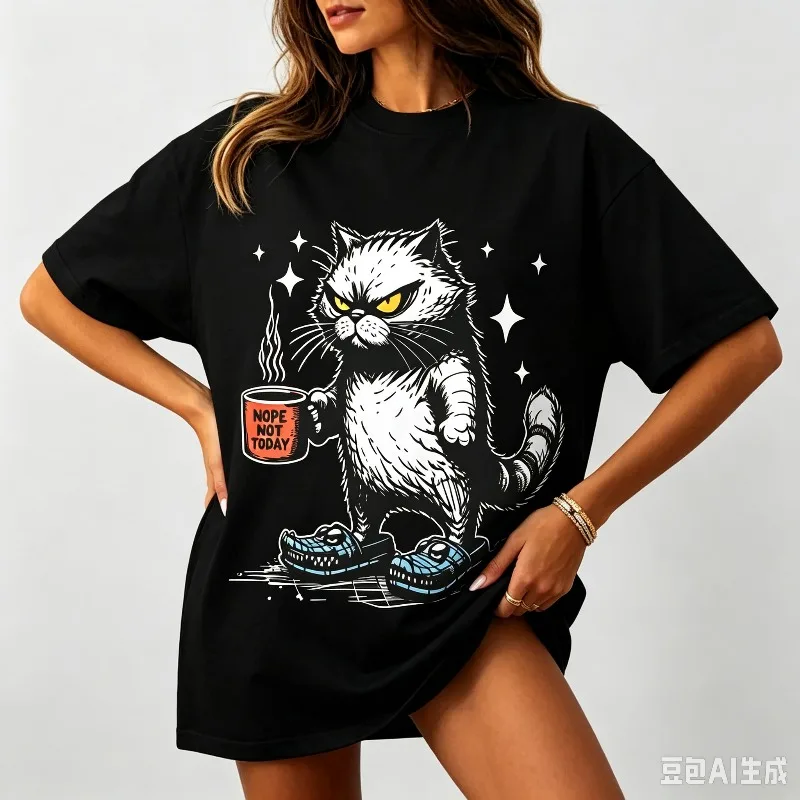 NOPE NOT TODAY Cat Coffee Front Print T-Shirt Modal Women Short Sleeve Tee Funny Grumpy Pet Casual Streetwear Weekend HangoutTop