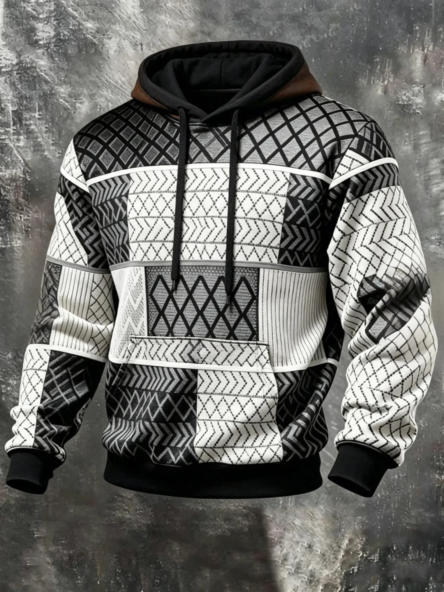 Men's Geometric Pattern Hoodie Color Block Casual Sweatshirt Long Sleeve Kangaroo Pocket Autumn Winter Fashion Streetwear Tops