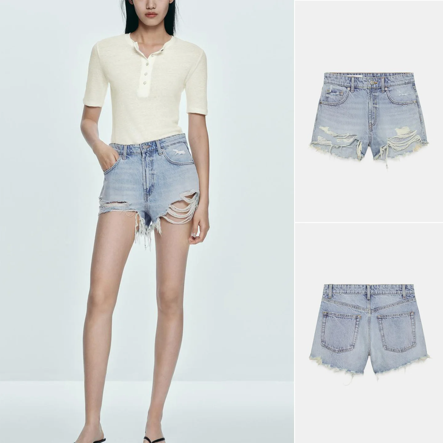 

High Waist Destroyed Denim Shorts Metal Zipper Summer New Women's Fashion Straight Leg Pants High Waist Polyester Fiber