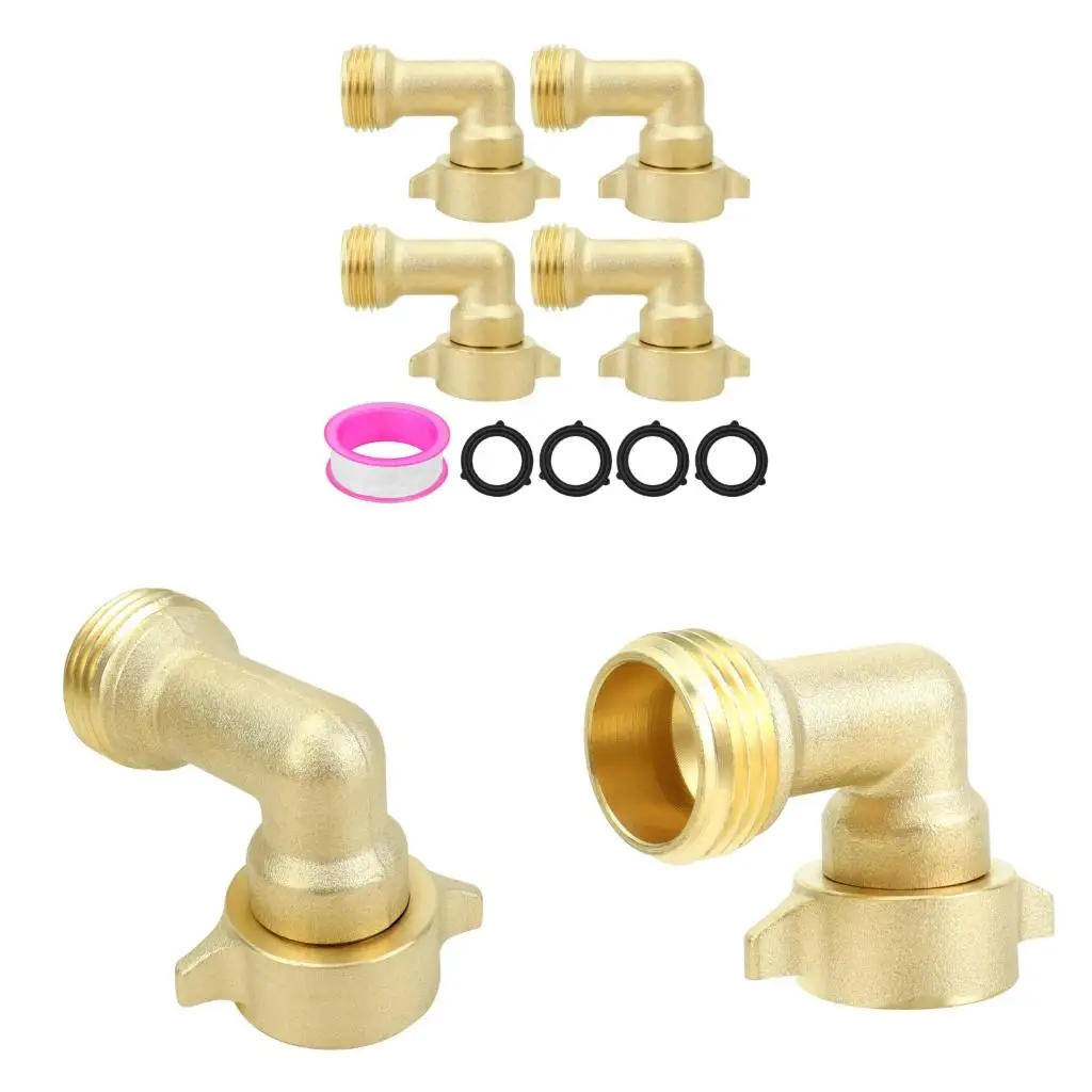 Water Hose Elbow with Washers, 4 Pack Brass 90 Degree 3/4 Inch Threaded Fitting for Camp Water Lines, Garden Spigot, and Tight