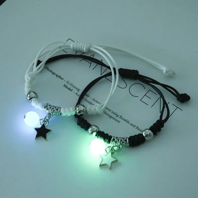 2 unid/set pulsera luminosa de luna y estrella para pareja, cuerda ajustable a juego, pulseras para amigos, regalos de amor, joyería