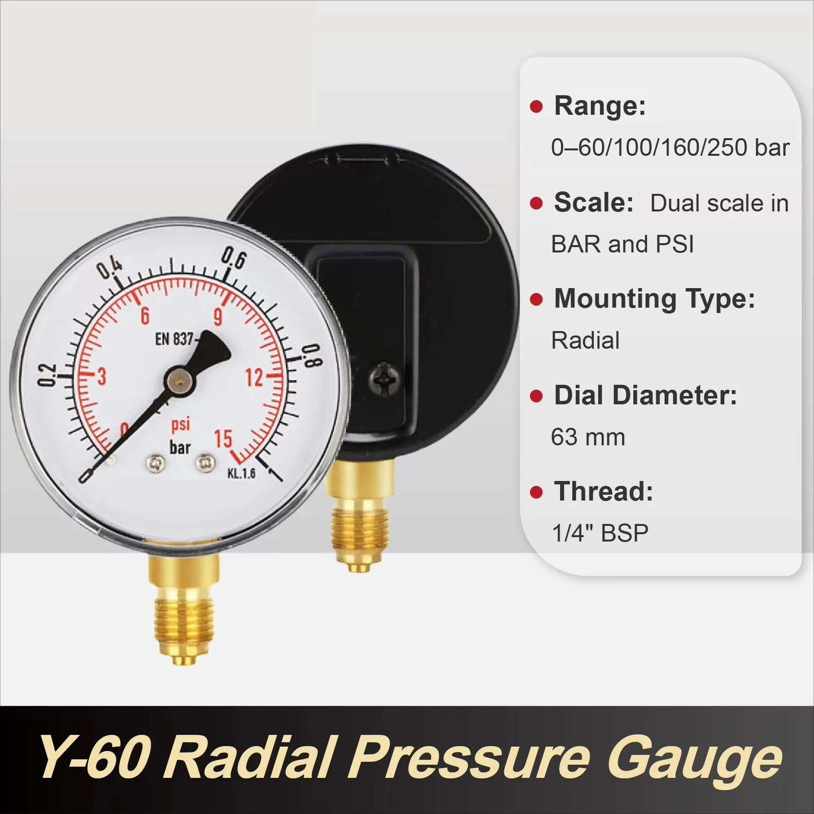 Y60 Pressure Gauge 0‑250 Bar High Accuracy Industrial Dual Scale PSI BAR Liquid Hydraulic Water Pressure Meter 1/4 BSP Thread