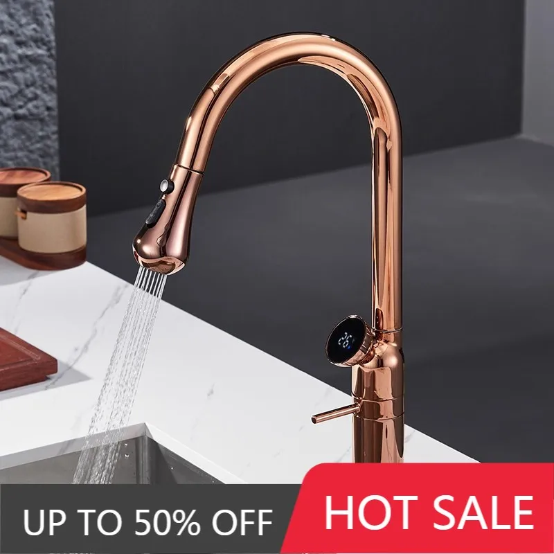 

Rose Gold Digital Dislay Pull Out Kitchen Faucet Brass Brush Gold Sink Faucet Black Rotating Spout Mixer Tap Hot Cold Water Tap