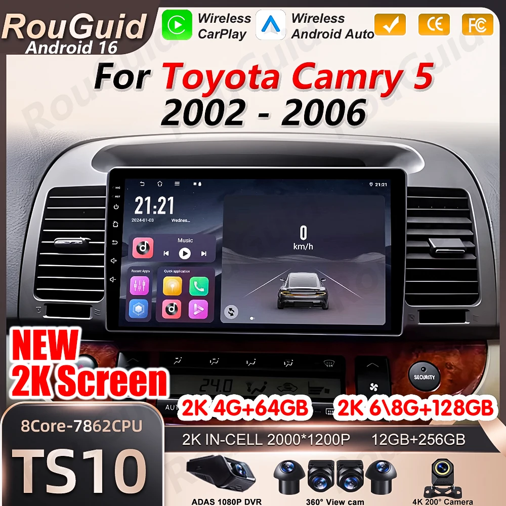 

Android 16 Car Radio Carplay For Toyota Camry 5 2002 2003 2004 2005 2006 Video Multimedia Player GPS Navigation 5G Wifi Wireless