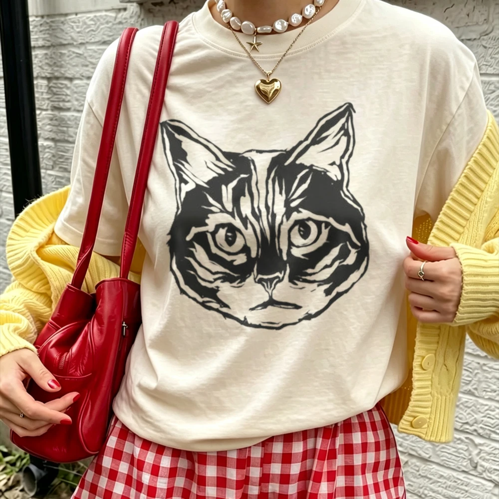 Japanese Line Drawing Cat Graphic T Shirt Women Minimalist Cartoon Print T-shirt Casual Cotton Aesthetic Daily Fashion Tee Tops