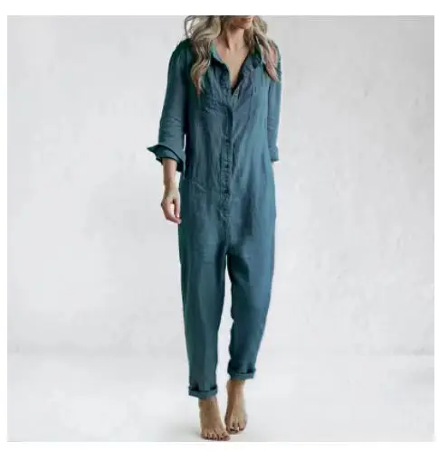 2025 Casual Lapel Pocket Long Sleeve Solid Color Cotton Jumpsuit