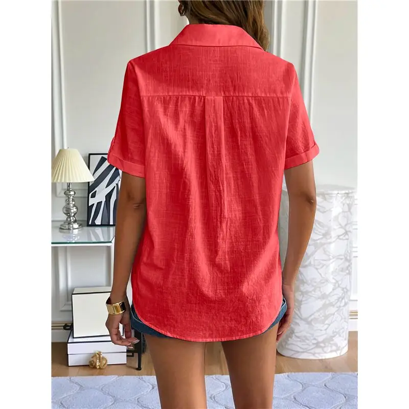 CYL-Camicia da donna con bottoni in cotone Camicia a maniche corte con orlo arrotolato Top estivo da donna in cotone da spiaggia casual con scollo a V