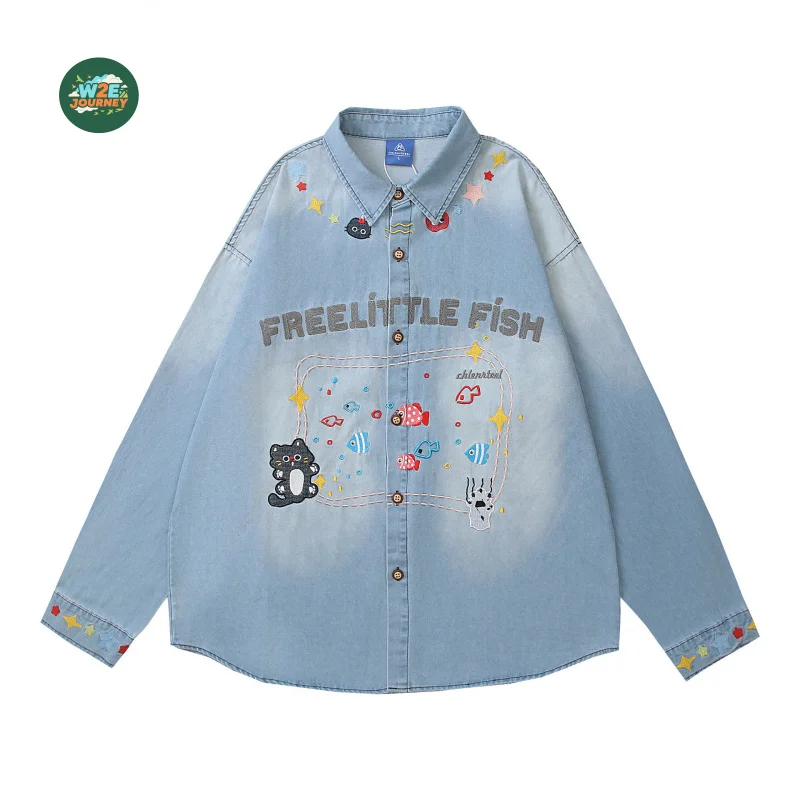 W2EJOURNEY 고품질 EU US 사이즈 럭셔리 아웃도어 빈티지 워시드 만화 자수 긴팔 데님 유니섹스 캐주얼 셔츠
