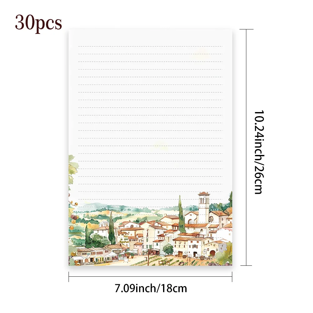30 Sheets, B5 Watercolor Small Town Landscape Writing Paper, Lined, Glue-free, Very Suitable For Notebooks, Memos, And Stickers