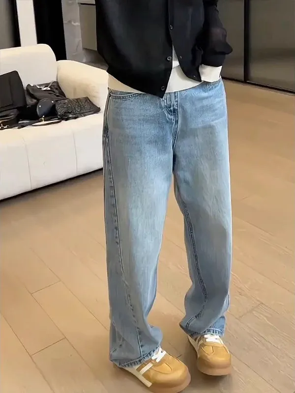 라이트 블루 여성 청바지 하이 웨이스트 스트레이트 레그 얇은 여름 바지 한국 스타일 루즈 와이드 레그 소형 사이즈 캐주얼 데님