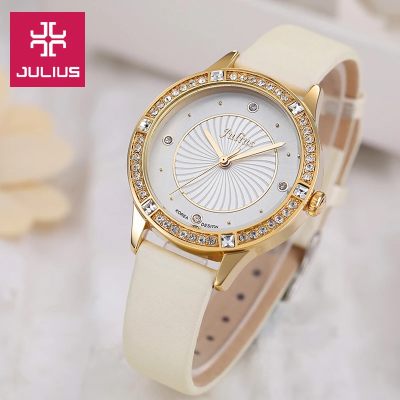 

Rhinestones Julius Lady Women's Watch Japan Quartz Fashion Hours Bracelet Real Leather Girl's Gift Box