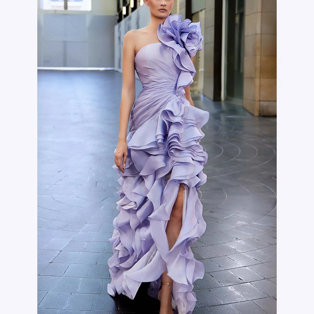 

Purple Prom Dresses Women Luxury 2025 Ruffles Ruched Flowers Elegant Fashion Banquet Party Gowns Side Slit Floor Length