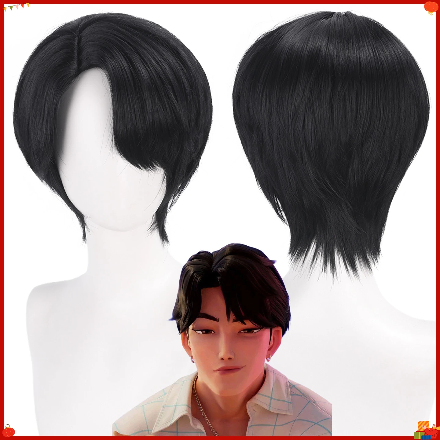 KPO-P Synthetic Cosplay Wig Jinu-Inspired Short Black Hair for Boy Elastic Cap Natural Scalp Look Anime Party Costume Styling