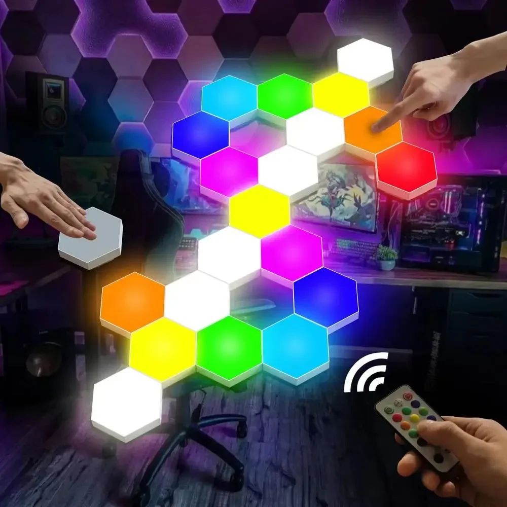 Smart Hexagon LED Wall Lights Touch-Sensitive RGB Panels with Remote Control DIY Mood Lighting 13 Colors Easy Installation