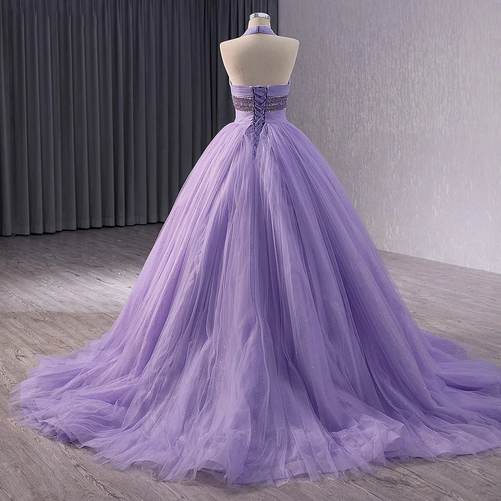 Promotion Novelty Long Evening Bridesmaid Dress Organza Floor-Length Sequins Halter Lace Up robes de soirée RSM231111