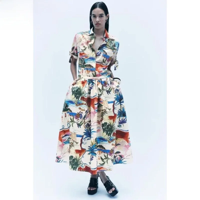 تنورة نسائية متوسطة الطول جديدة لصيف 2024 ort Sve مطبوعة irt فضفاضة تناسب شرابة تفاصيل نسيج بوليستر عادي طول Sve