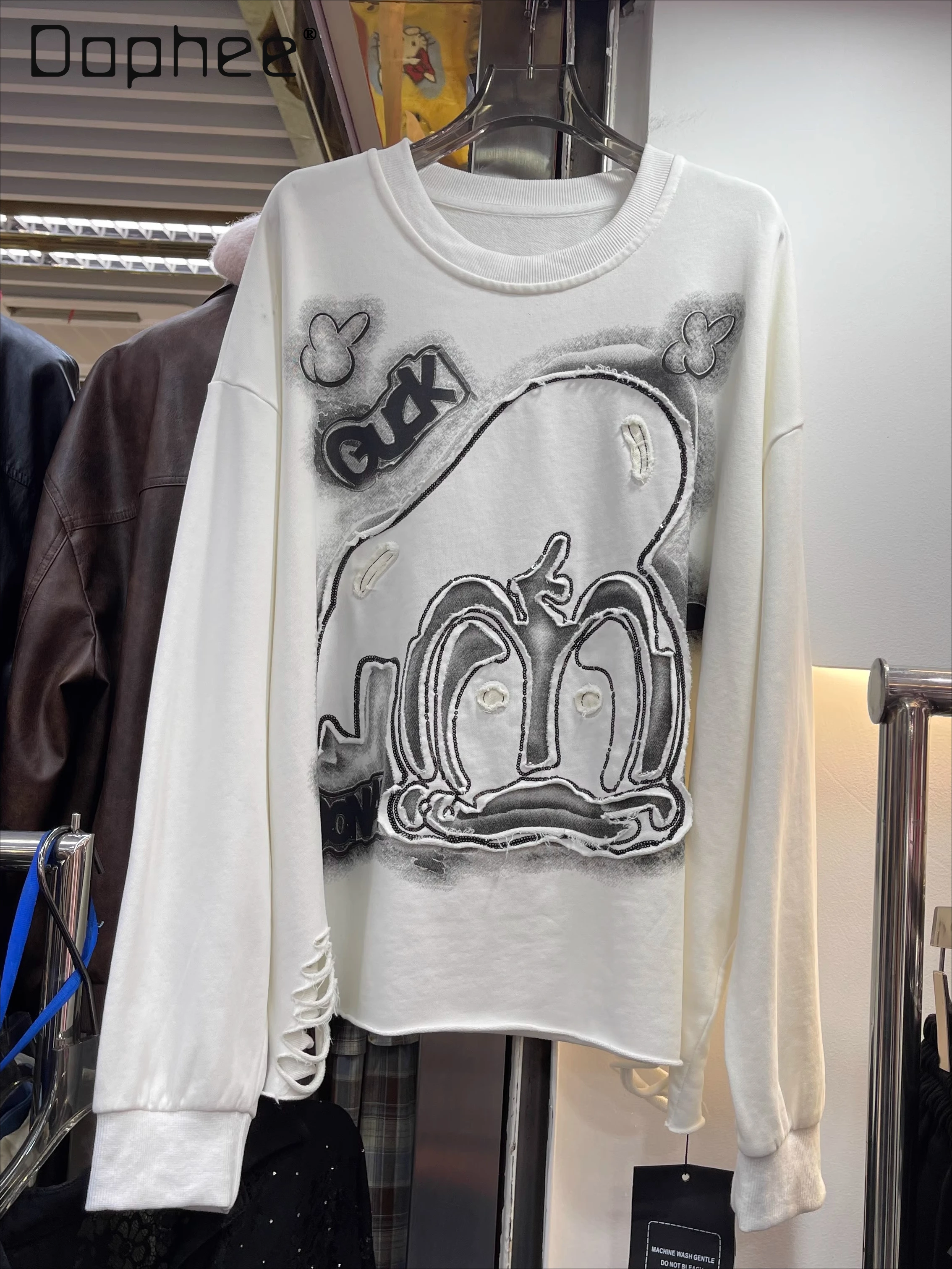 2025 Autumn New Heavy-Duty Distressed Design Cartoon Duck Round Neck Pullover Sweatshirt for Women Loose Fit Sports Top
