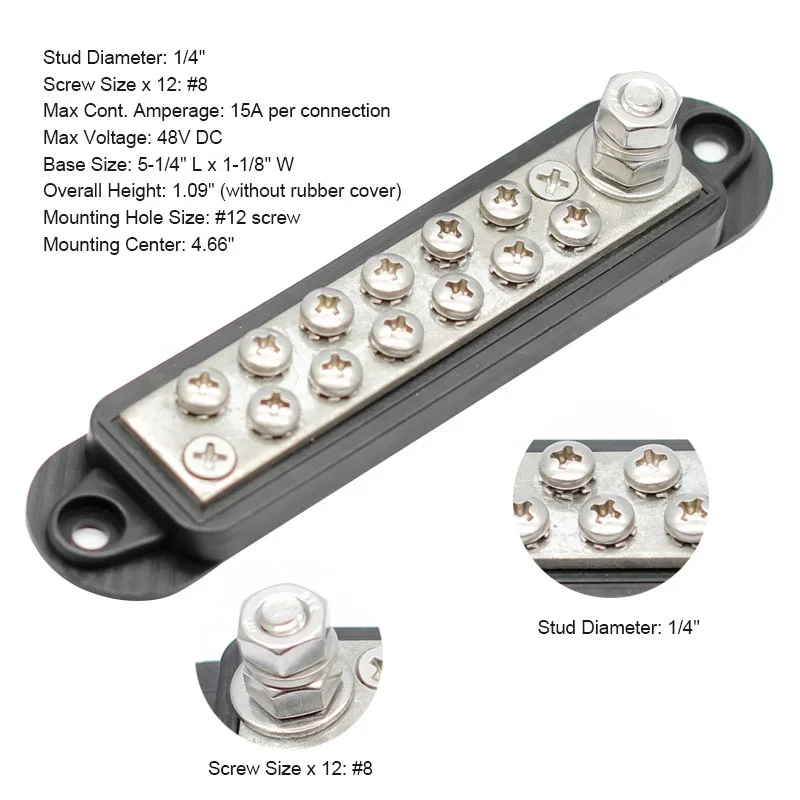 12V 250A 12 Terminal Power and Ground Distribution Block bus bar with Ring Terminals