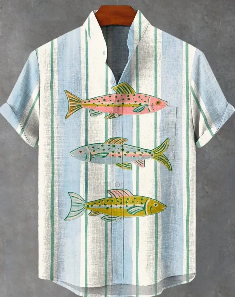 

Chemise hawaïenne décontractée à manches courtes pour homme, en lin, imprimé poisson et poulpe, style festival, style vintage, l