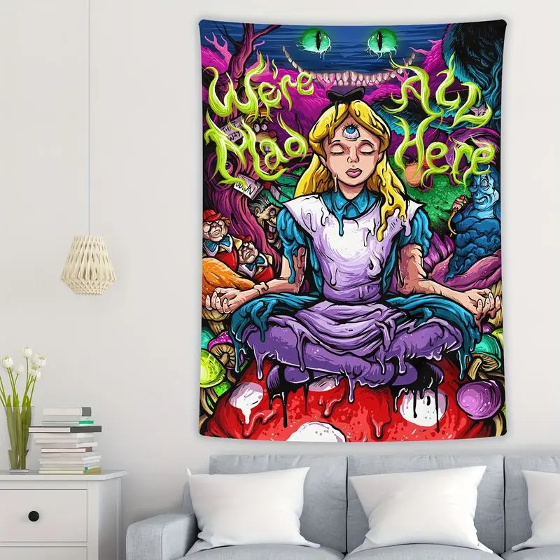 VIKAMA Trippy Psychedelic Alice's Adventures in Wonderland Graffiti Tapestry, Fantasy Wall Hanging for Bedroom Living Room