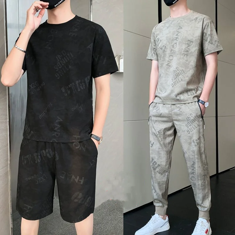 

High-Quality Ice Silk Short Sleeve Suit Men's Casual Sportswear Printed T-Shirt Summer Thin Style Trend Two-Piece Set