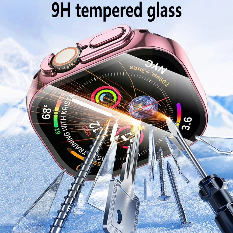 لساعة أبل S10/S11 حافظة غير لامعة بحافة مستقيمة مطلية بالكهرباء مقاومة للماء الكل في واحد مع سلسلة حماية شاشة مدمجة