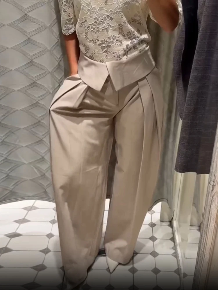 Trendy Asymmetric Fold Over Waist Wide Leg Trousers High Waist Loose Long Pants Elegant Lady Office Casual Daily Street Wear New