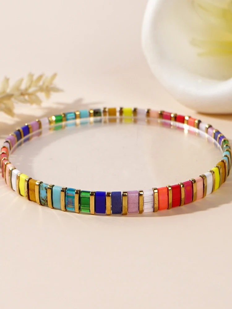Pulsera de Vidrio Tila Arcoíris Estilo Bohemio para Mujer, Joyería de Moda para Playa, Cadena de Mano de Material Orgánico Tejido Artesanal, Accesorio para Parejas