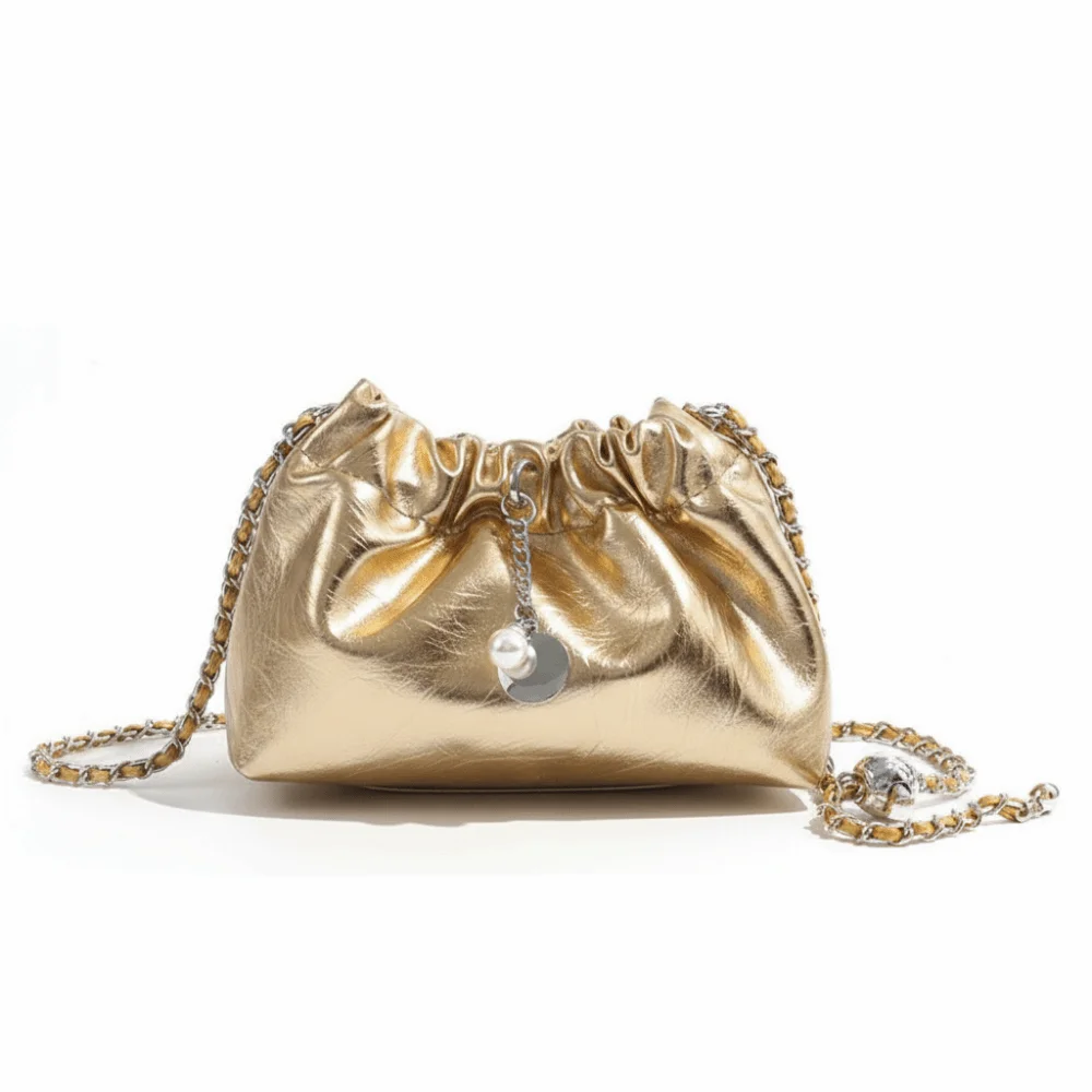 

Versatile Leather Millennium Bag Korean Style Wrinkle Design Crossbody Bag with Chain Strap Bucket Bag for Women