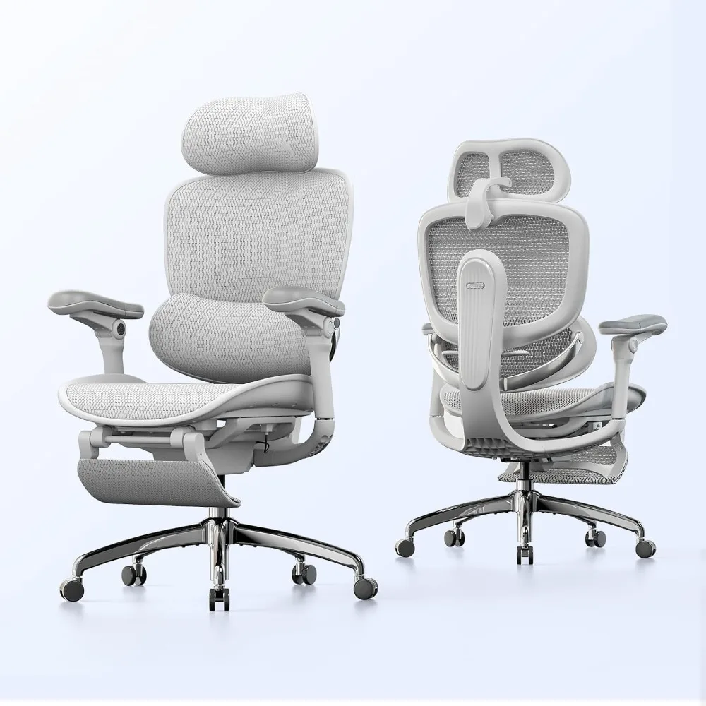 Ergonomic Grey Footrest Chair: Adaptive Support, 8D Armrests, Breathable Mesh, High Back, 135° Recline