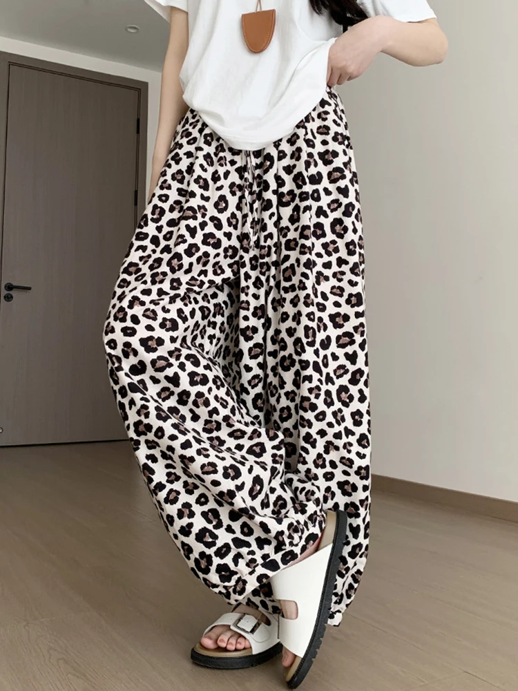 Streetwear Leopard Wide Leg Pant Women Loose Vintage Y2K Casual Trousers American Harajuku Female Summer High Waist Retro Pants
