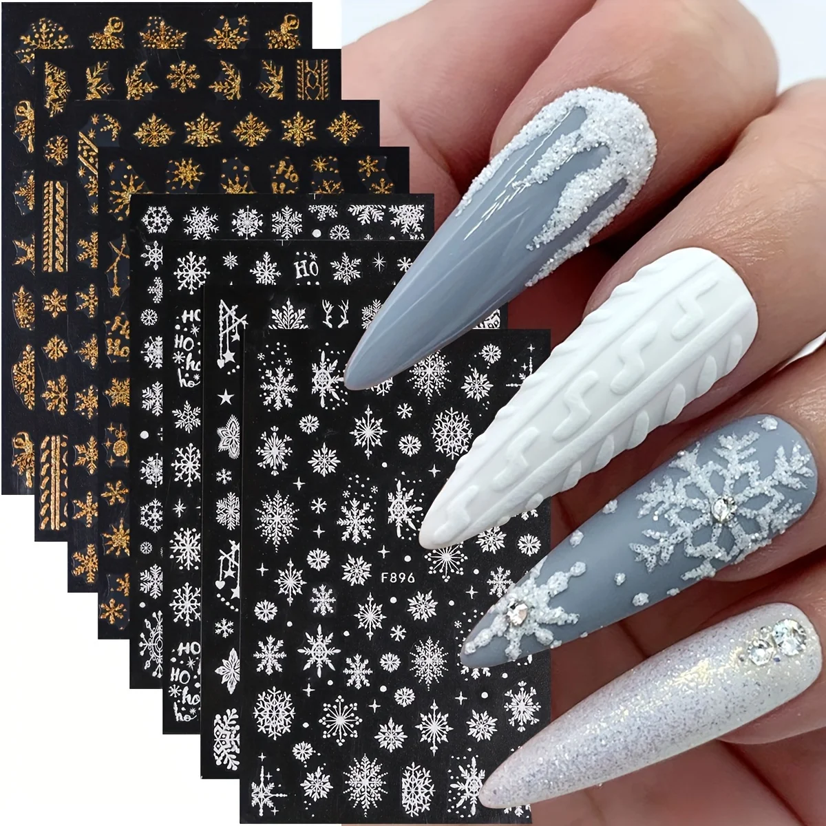 Snowflake Nail Stickers & Decals - Glittery White & Golden, Self-Adhesive 3D Christmas And Winter Fantasy Design,Shimmery Finish