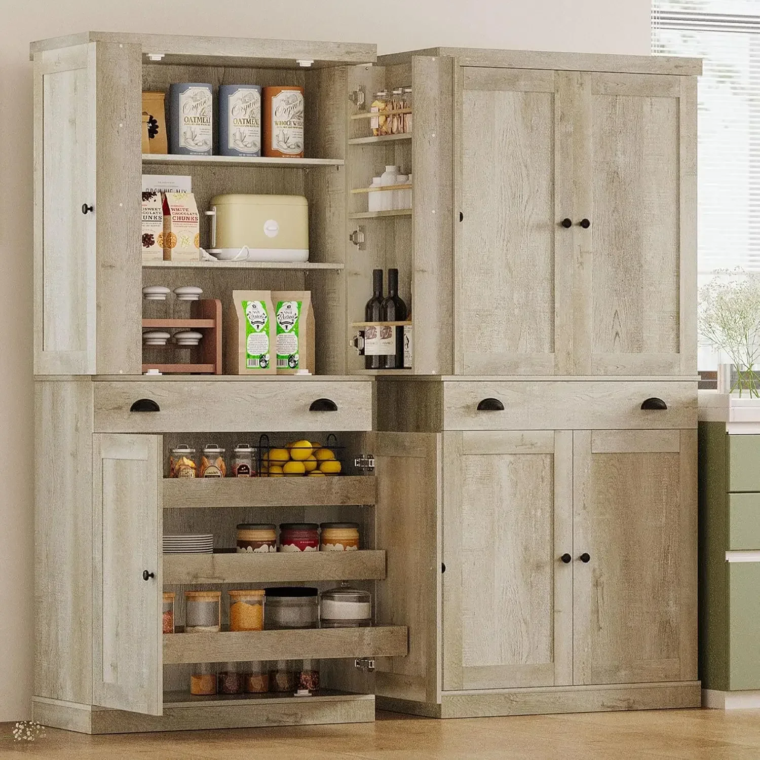 Ironck Kitchen Pantry Cabinet 72"" Height, Freestanding Cupboard With Drawer, Sliding Storage Rack, And 6 Hanging Shelves For