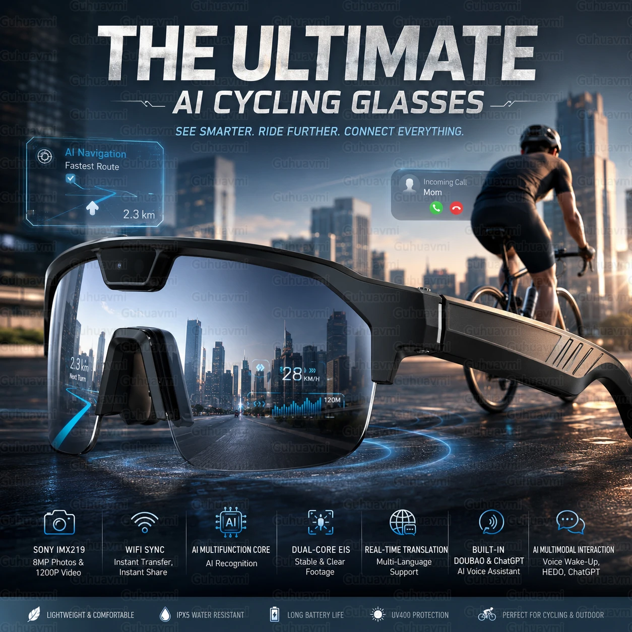 New AI Sport Smart Glasses Camera 800W HD Camera Anti-shake 120+Language Translation ChatGPT Dual Mic Cycling Sunscreen Goggles