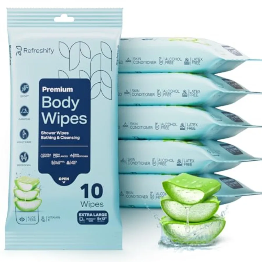 60 XL Shower Wipes Body Wipes for Adults Bathing No Rinse of 10 Extra Moist Bath with Aloe and Vitamin E for Camping, Travel, G