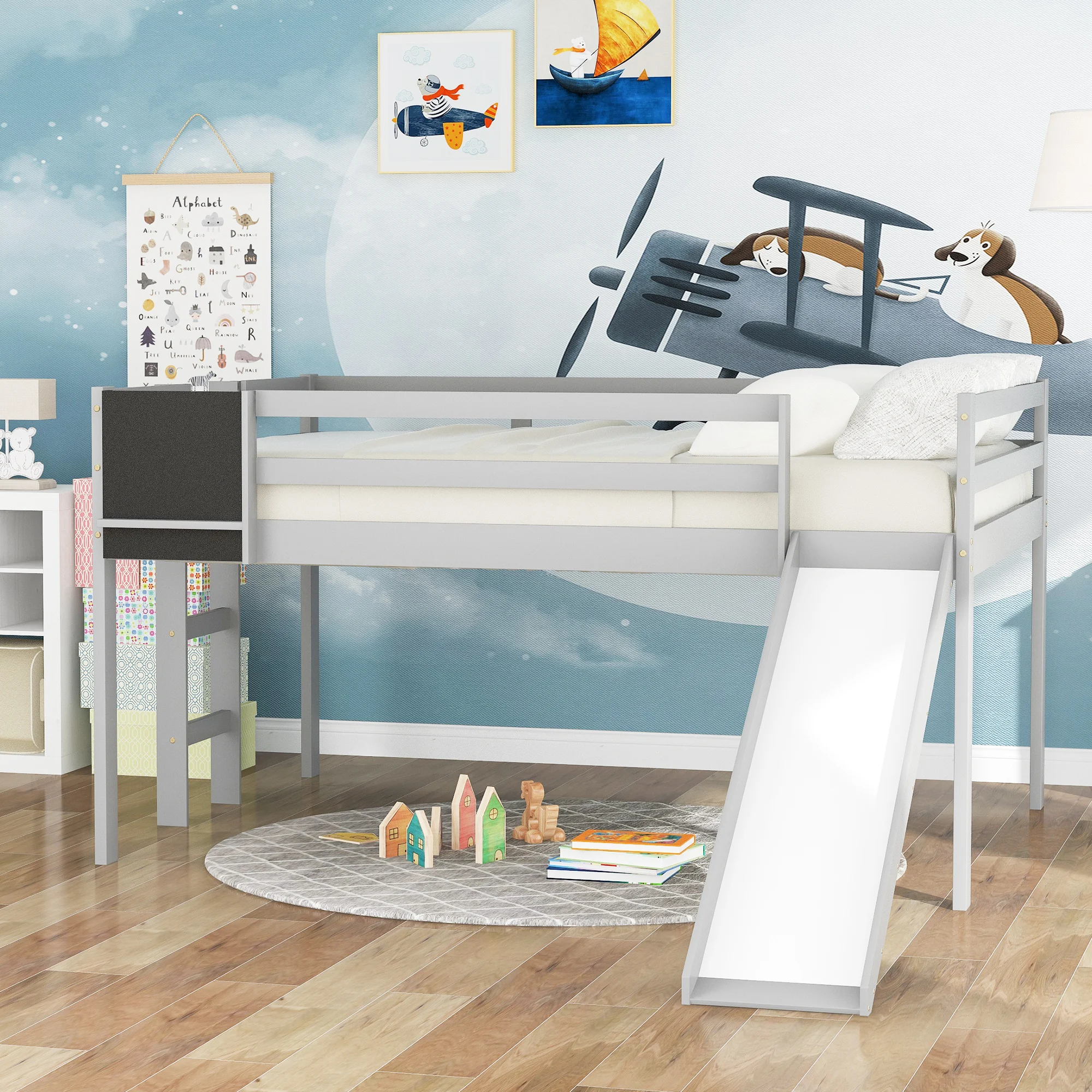 Children's Gray Wood Bed with Stair and Chalkboard, Unique and Stylish Twin Size House Bed