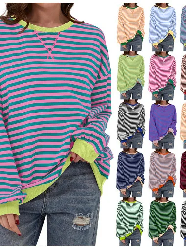 Women's Loose Casual Striped Hoodie Comfortable Cotton T-irt Printed Design Spring Autumn Thiened Version Faionable Str...