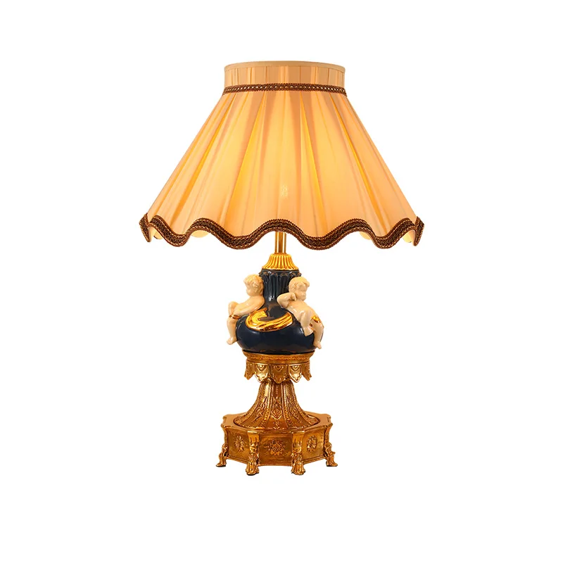 DINGFAN French Fabric Lampshade Copper Base Living Room Bedroom Bedside Table Lamp Ceramic Angel Decorative Led Table Lamp