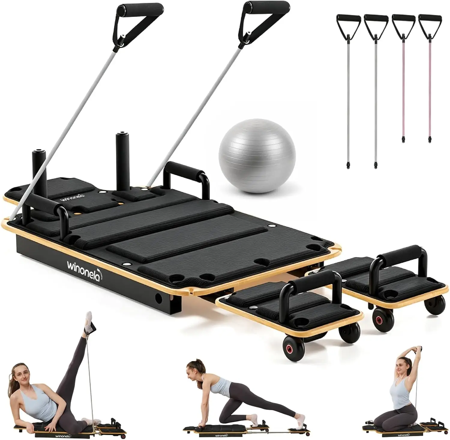 Pilates Reformer Machine, Wooden Pilates Board for Home | Solid Maple Wood; Stable One-Piece Design; Guided Videos; Bonus Pilate