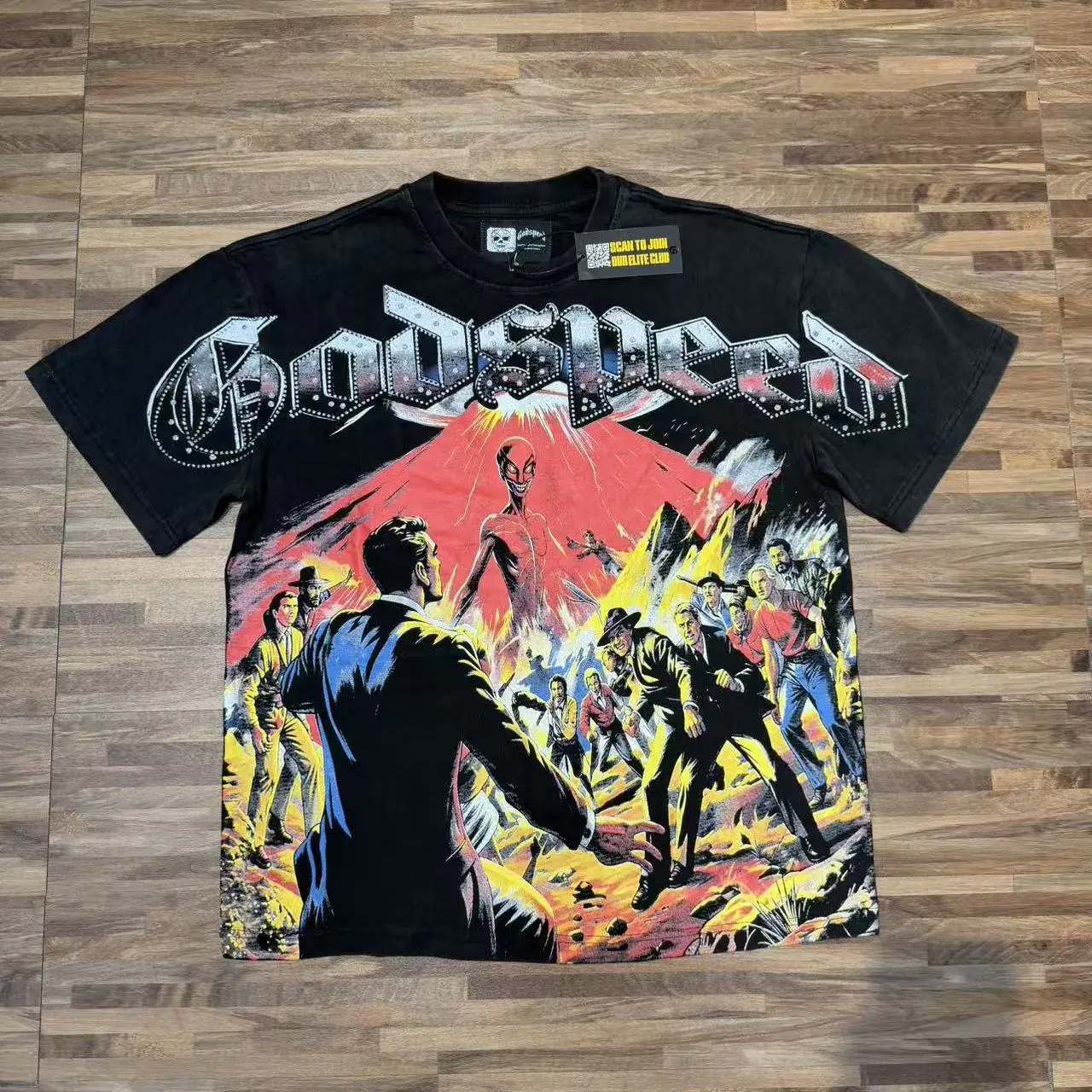 Godspeed American Retro Alien Print Streetwear Washed Cotton Short Sleeve T-Shirt Loose Fit Youthful Style Unisex T-Shirt